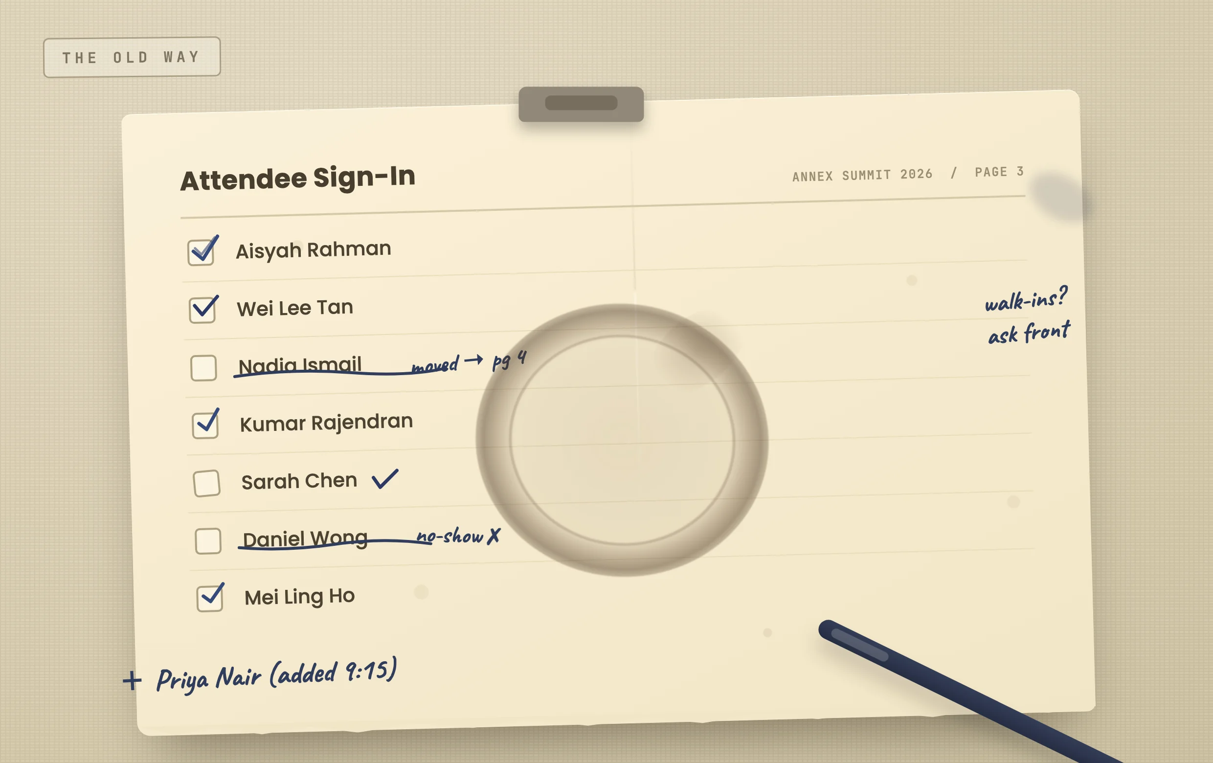 A paper attendee sign-in sheet with names ticked and crossed off by hand